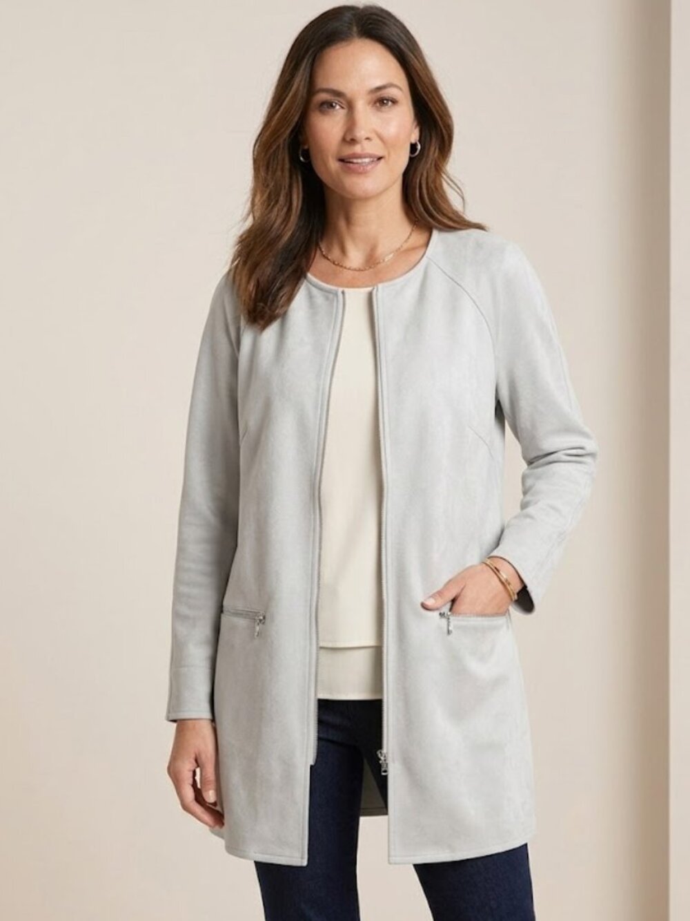 Chico's NEW Faux suede Feather Stone pale Gray Full zip Long Jacket sz 2 (L)
